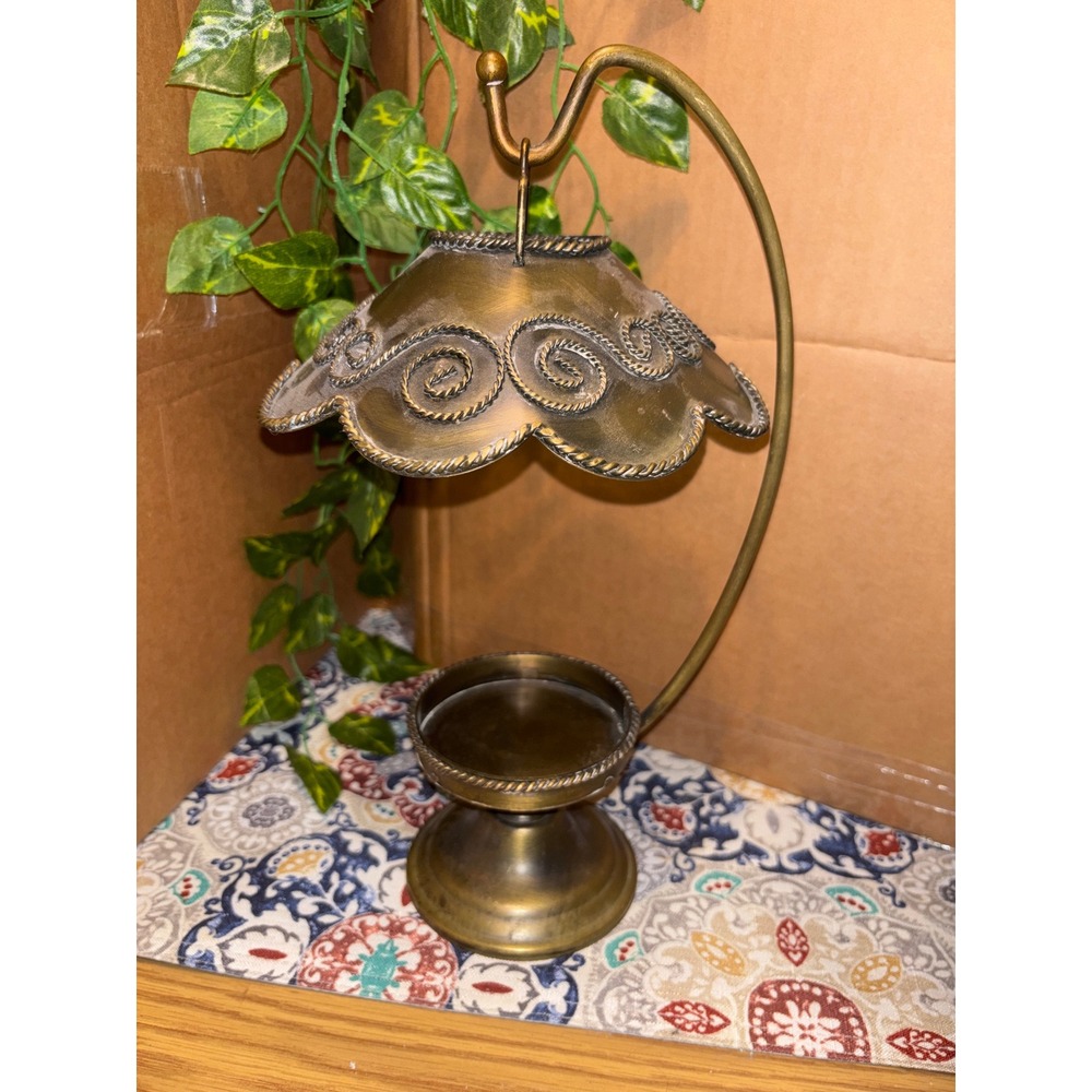 Vintage Bronze Metal Jar Candle Warmer Lamp Scalloped Shade Shepherd Hook 14in